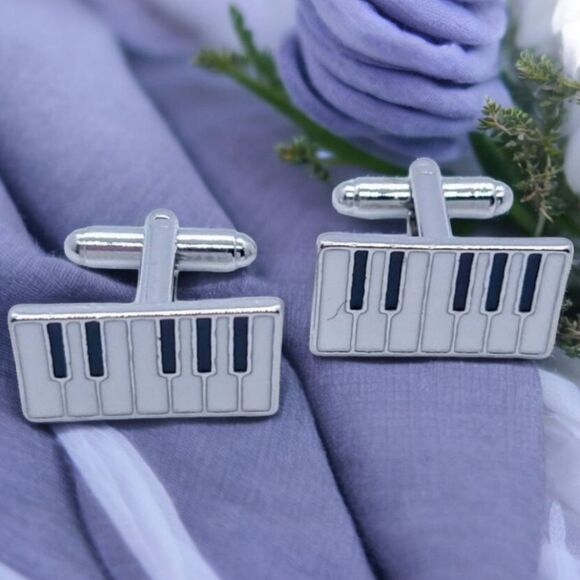 Piano Key Silver Cufflinks Tuxedo Formal Shaped Cuff Links Musician Band NWT Men - Picture 8 of 8